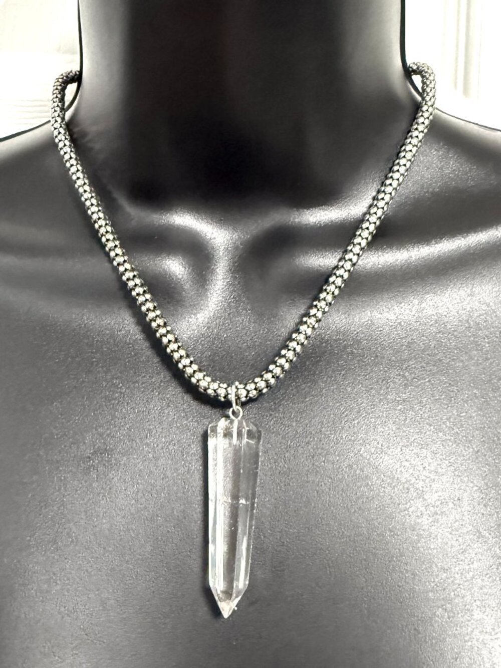 Brazilian Rock Crystal Spike Pendant Necklace Bold Wide Silver Chain Choker
